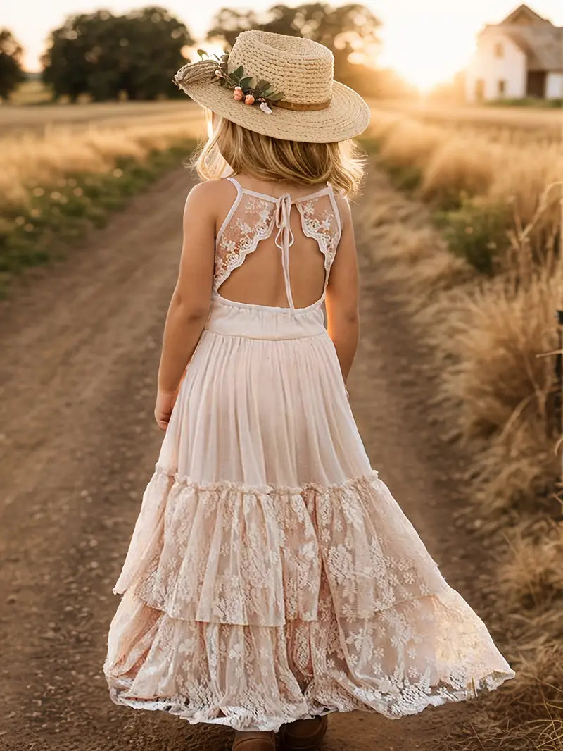 Arianny Summer Dress - Girls' Halter Lace Maxi Dress - Backless - Beidge