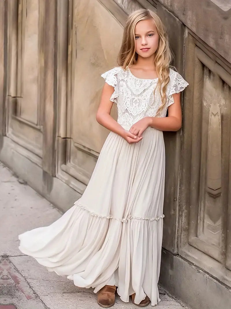 Angelique Girls Glamorous Lace Maxi Dress - White