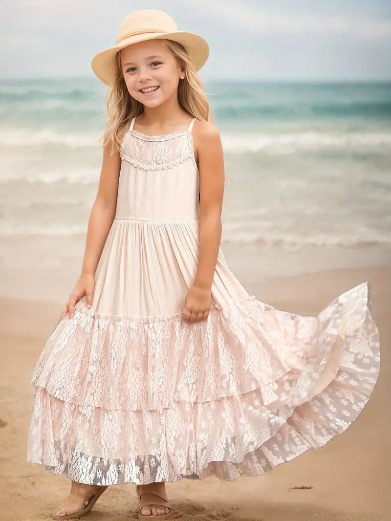 Arianny Summer Dress - Girls' Halter Lace Maxi Dress - Backless - Beidge