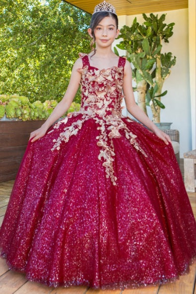 Metallic embroidered 3D butterflies on glitter tulle gown #003