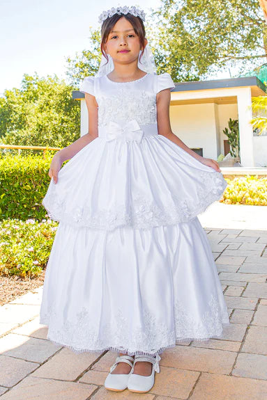 2910 Communion Dress Girls White Illusion Top Satin Cap Sleeve Dress 6-16