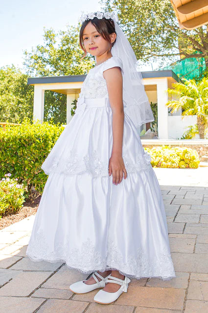 2910 Communion Dress Girls White Illusion Top Satin Cap Sleeve Dress 6-16
