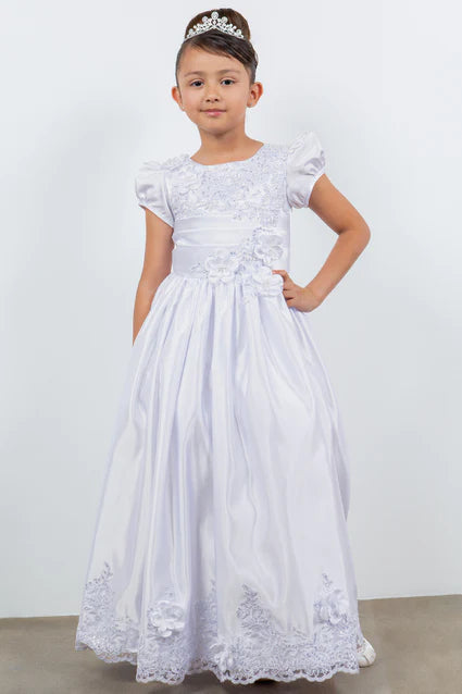 2911 Girls White Satin Cap Sleeve T-length Communion Dress 6-16