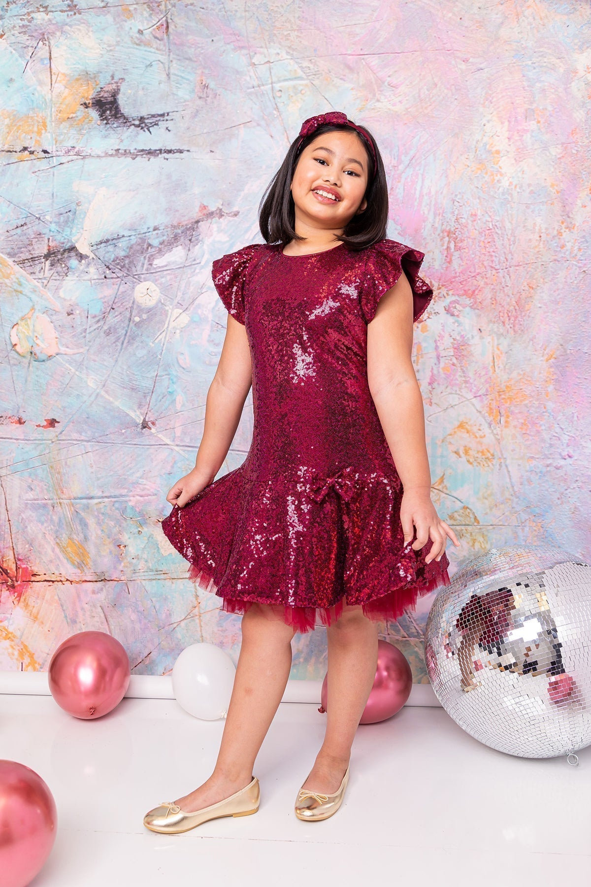 Sequin Ruffle Sleeve Tutu Dress/Rainbow