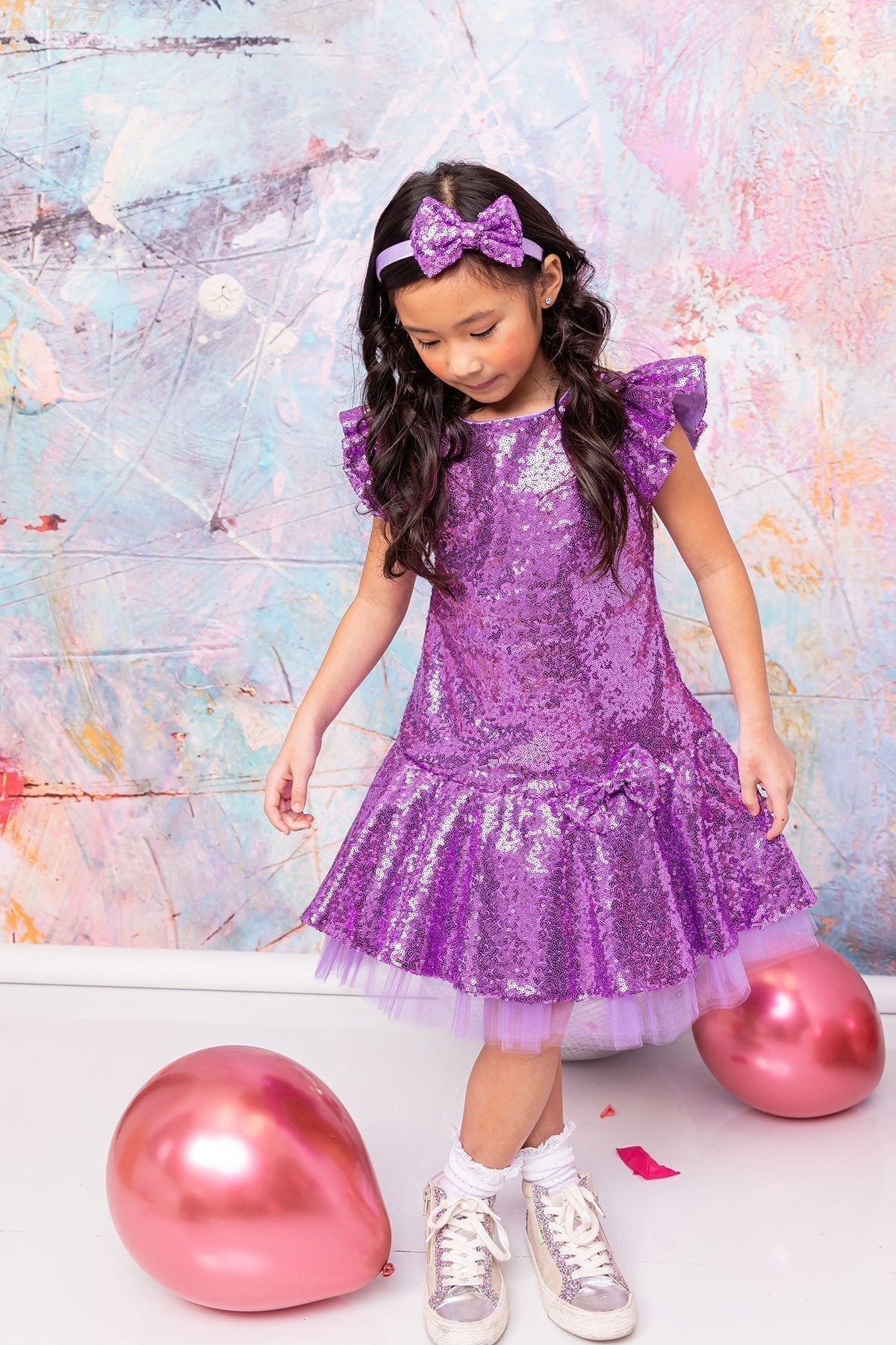 Sequin Ruffle Sleeve Tutu Dress/Rainbow