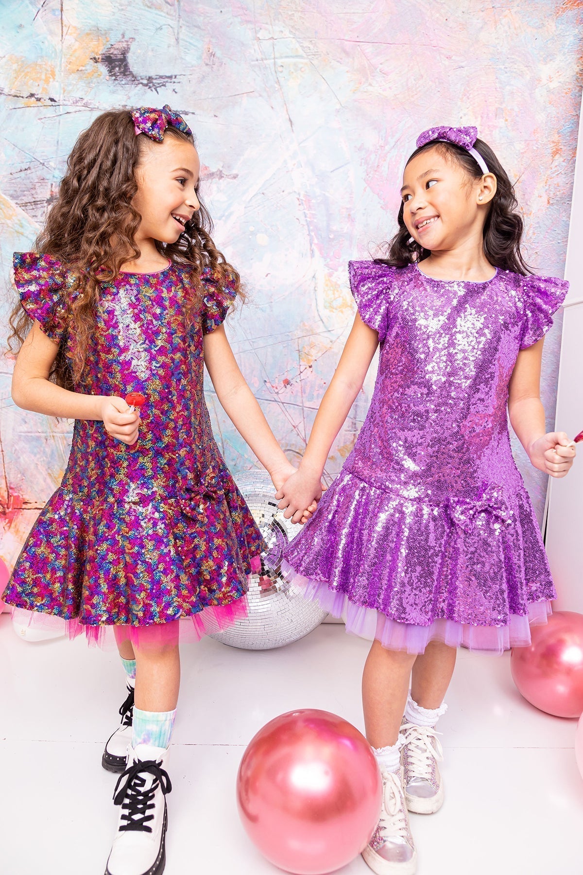 Sequin Ruffle Sleeve Tutu Dress/Rainbow