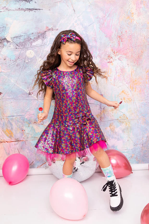 Sequin Ruffle Sleeve Tutu Dress/Rainbow