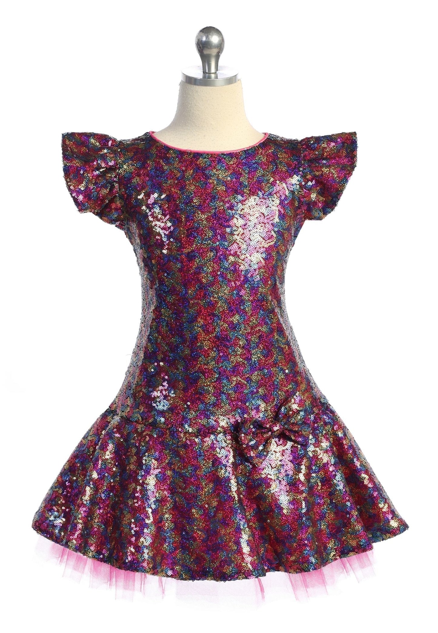 Sequin Ruffle Sleeve Tutu Dress/Rainbow