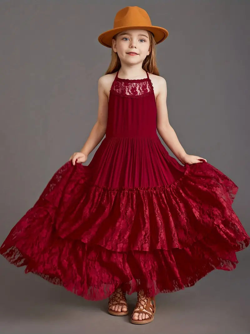 Arianny Summer Dress - Girls' Halter Lace Maxi Dress - Backless -Burgundy
