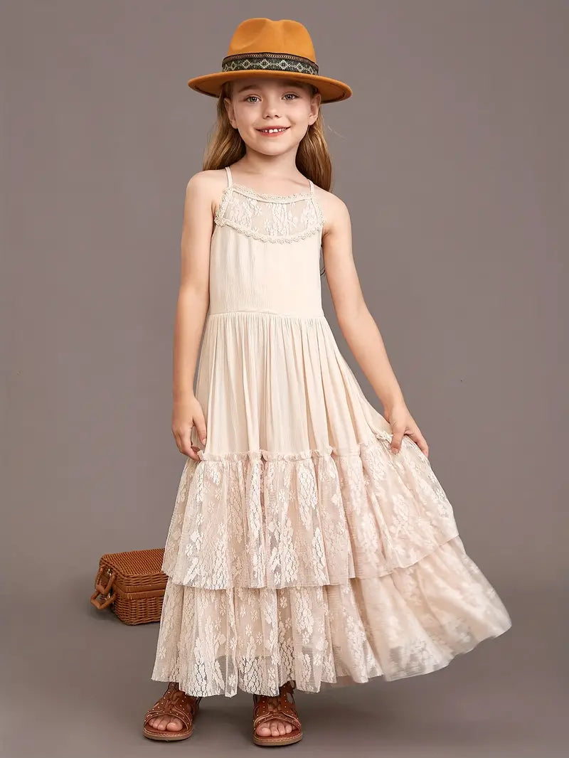 Arianny Summer Dress - Girls' Halter Lace Maxi Dress - Backless - Beidge