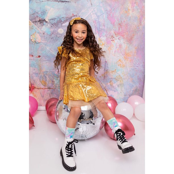 Sequin Ruffle Sleeve Tutu Dress/Gold