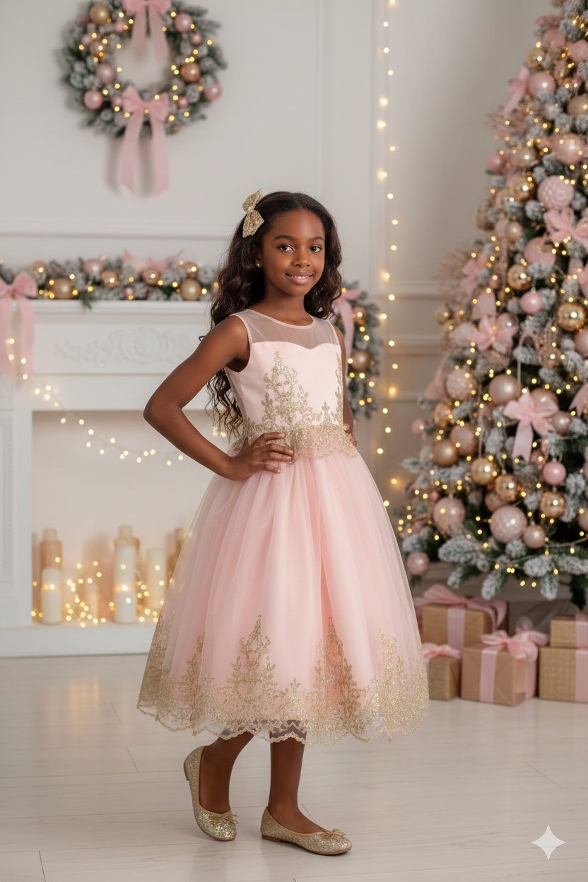 552 Embellished Gold Cording Embroidered Girls Dress
