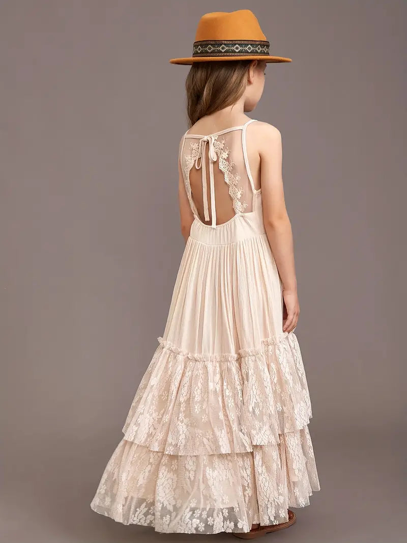 Arianny Summer Dress - Girls' Halter Lace Maxi Dress - Backless - Beidge