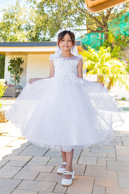 STYLE NO : 2019 Beautiful shinny crystal tulle cap sleeve T-length communion dress with beads and laces, back satin sash, adorned with 3D flower lace.