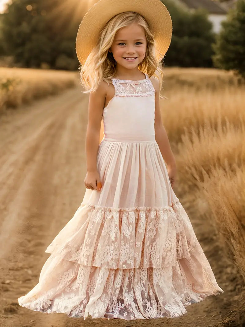 Arianny Summer Dress - Girls' Halter Lace Maxi Dress - Backless - Beidge