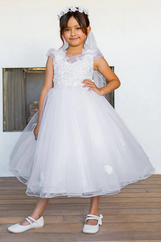 STYLE NO : 2018 Beautiful shinny crystal tulle cap sleeve T-length communion dress with beads and laces, back satin sash, adorned with 3D flower lace.