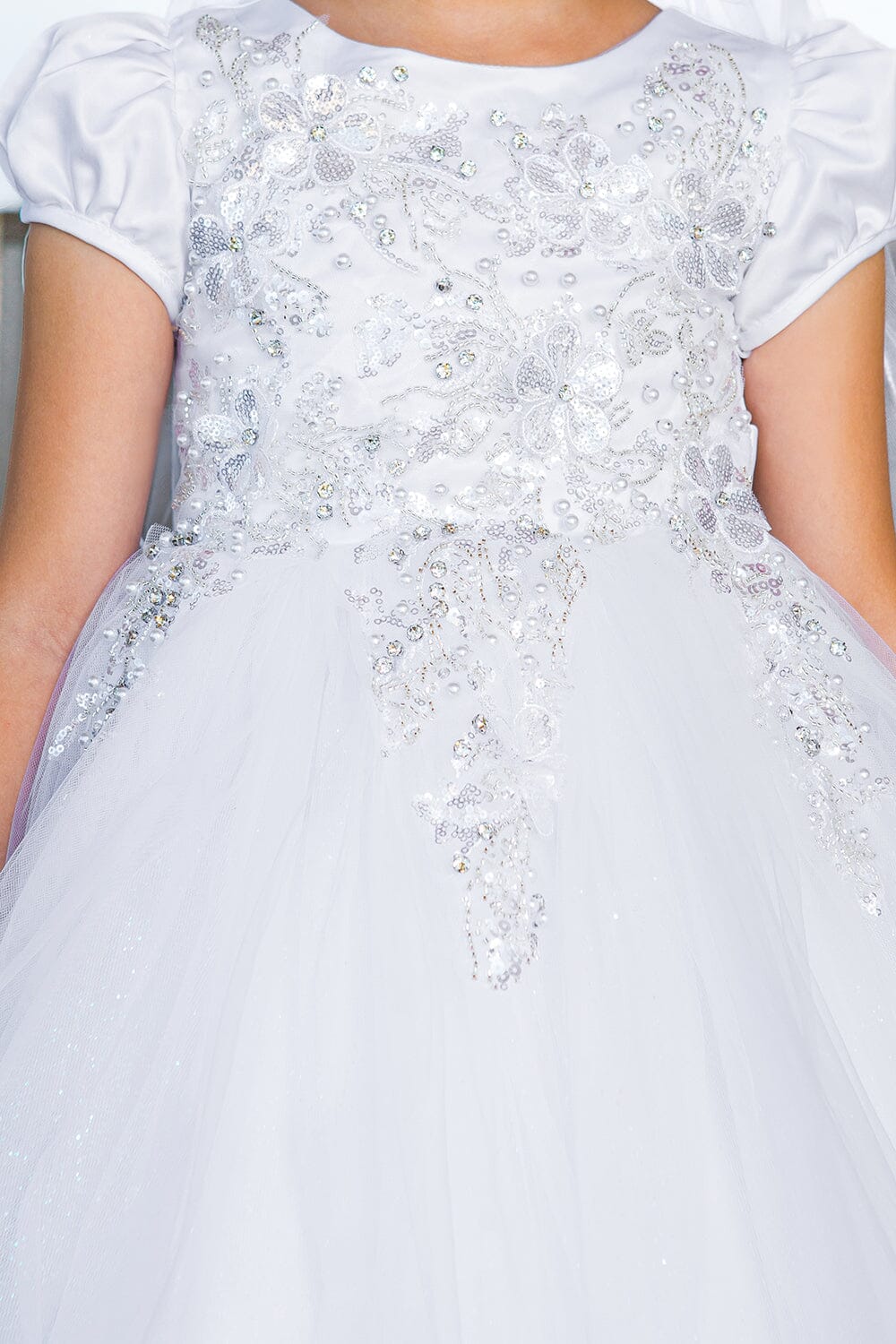 Style# 2016 Elegant satin cap sleeve T-length communion dress with beads and laces, back satin sash