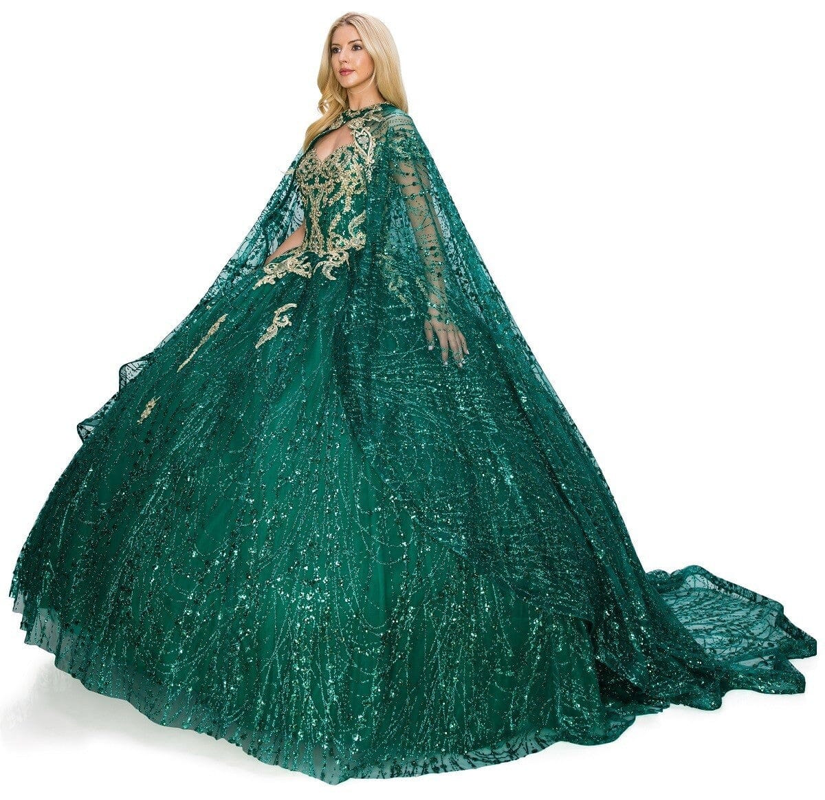 GLITTER CAPE BALL GOWN