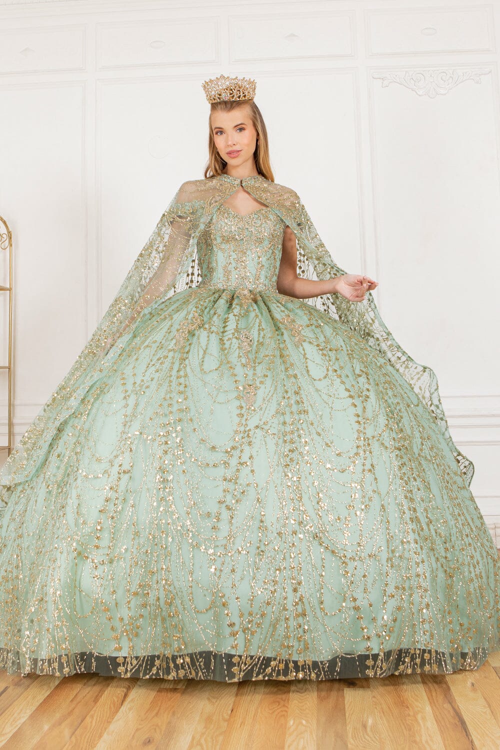 GLITTER CAPE BALL GOWN