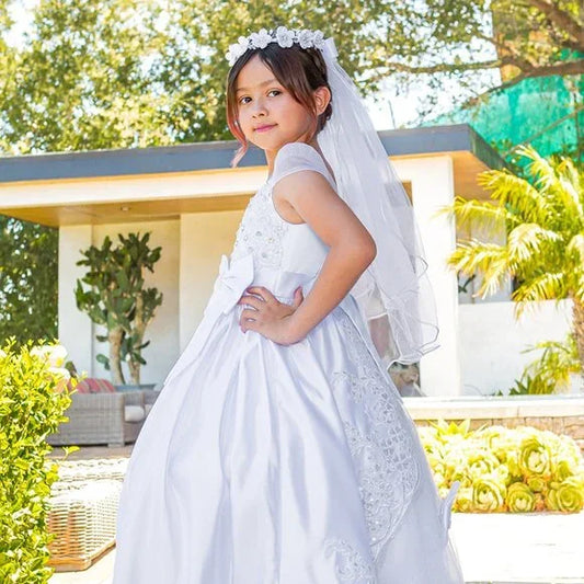 2912 Communion Dress Girls Elegant illusion top satin cap sleeve T-length 6-16