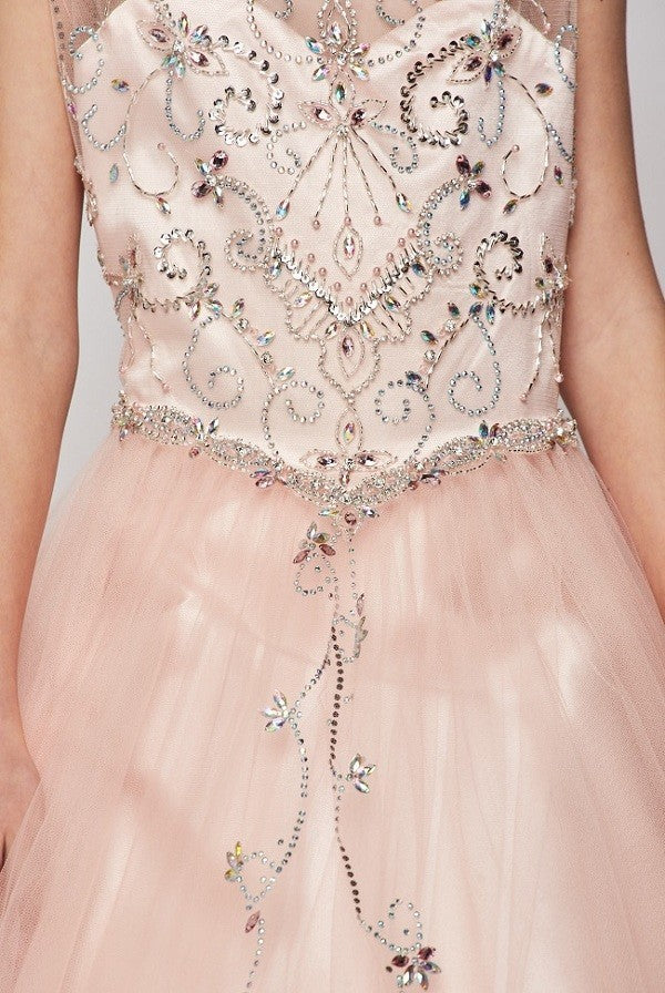 Style #8005 Gorgeous Elegant hand beaded rhinestone Bateau neckline dress