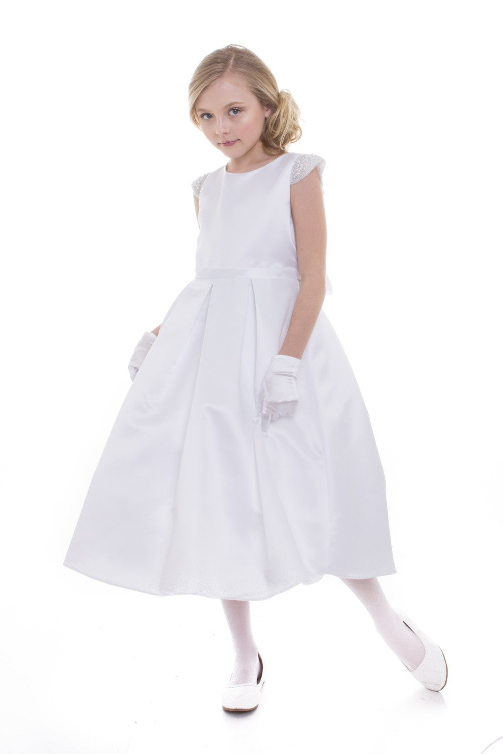 Dull Satin dress with beaded short sleeves Style #201