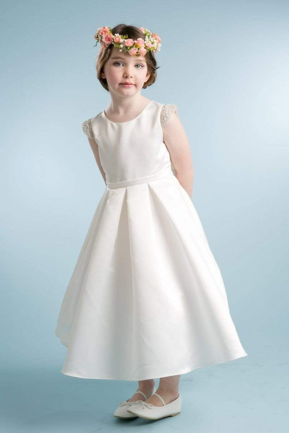Dull Satin dress with beaded short sleeves Style #201