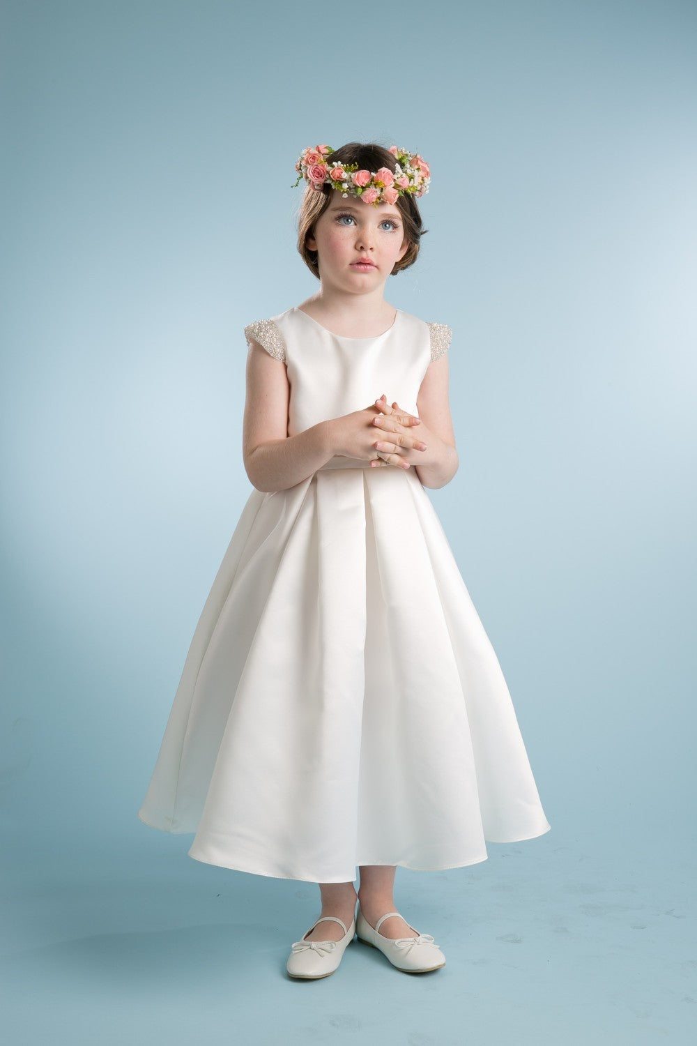 Dull Satin dress with beaded short sleeves Style #201