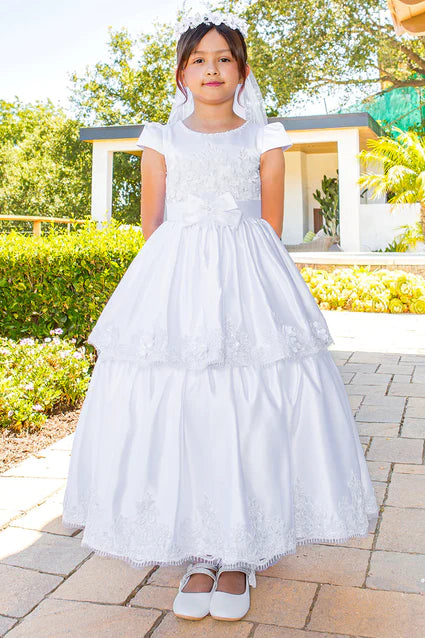 2910 Communion Dress Girls White Illusion Top Satin Cap Sleeve Dress 6-16
