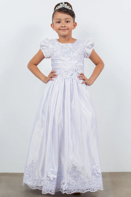 2911 Girls White Satin Cap Sleeve T-length Communion Dress 6-16