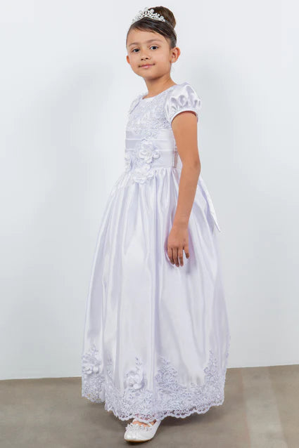 2911 Girls White Satin Cap Sleeve T-length Communion Dress 6-16