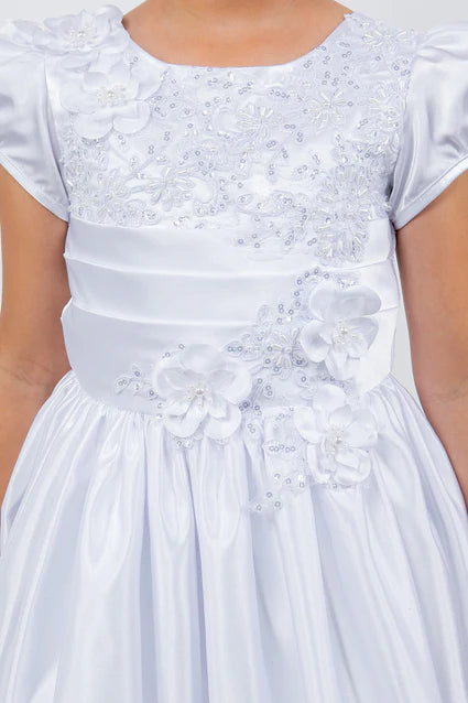 2911 Girls White Satin Cap Sleeve T-length Communion Dress 6-16