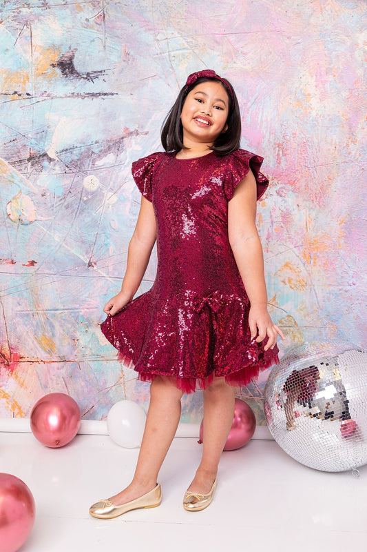 Sequin Ruffle Sleeve Tutu Dress/Burgundy