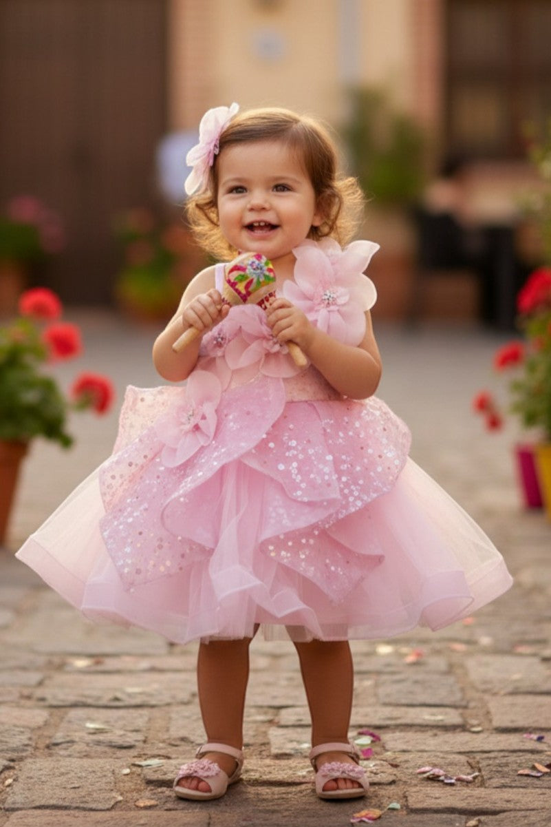 STYLE NO : 9181B Little Fashionistas gown with handcrafted floral applique