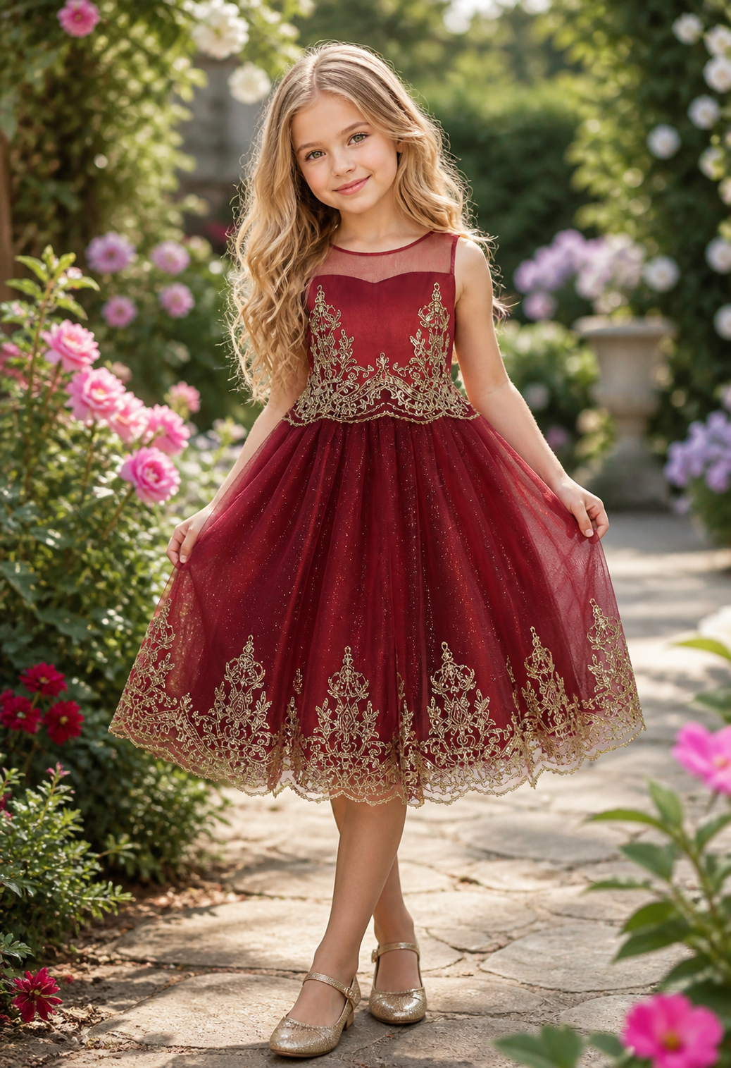 552 Embellished Gold Cording Embroidered Girls Dress