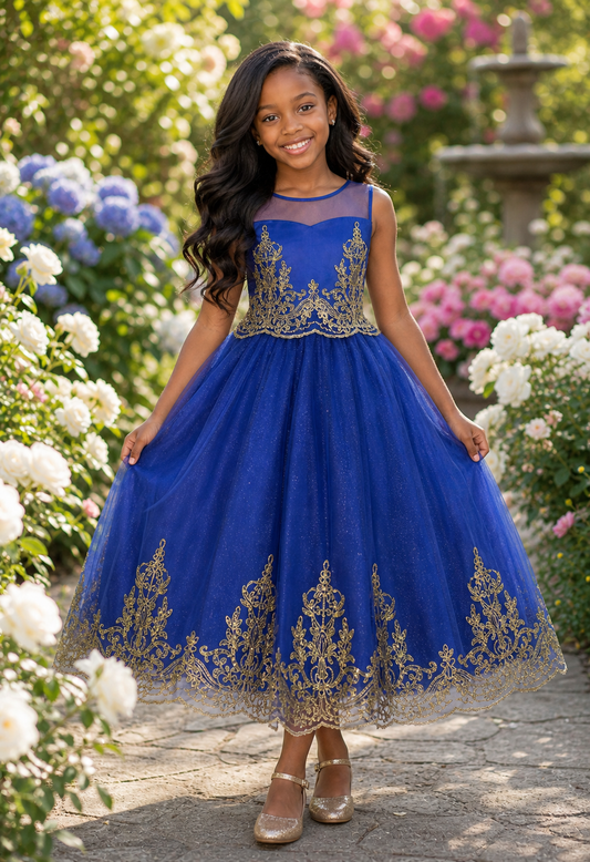 552 Embellished Gold Cording Embroidered Girls  Blue