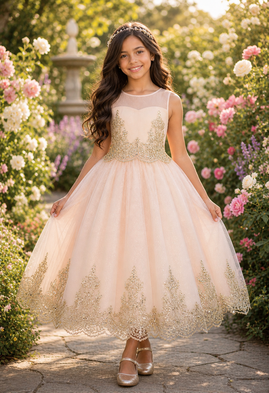 552 Embellished Blush Cording Embroidered Girls Dress