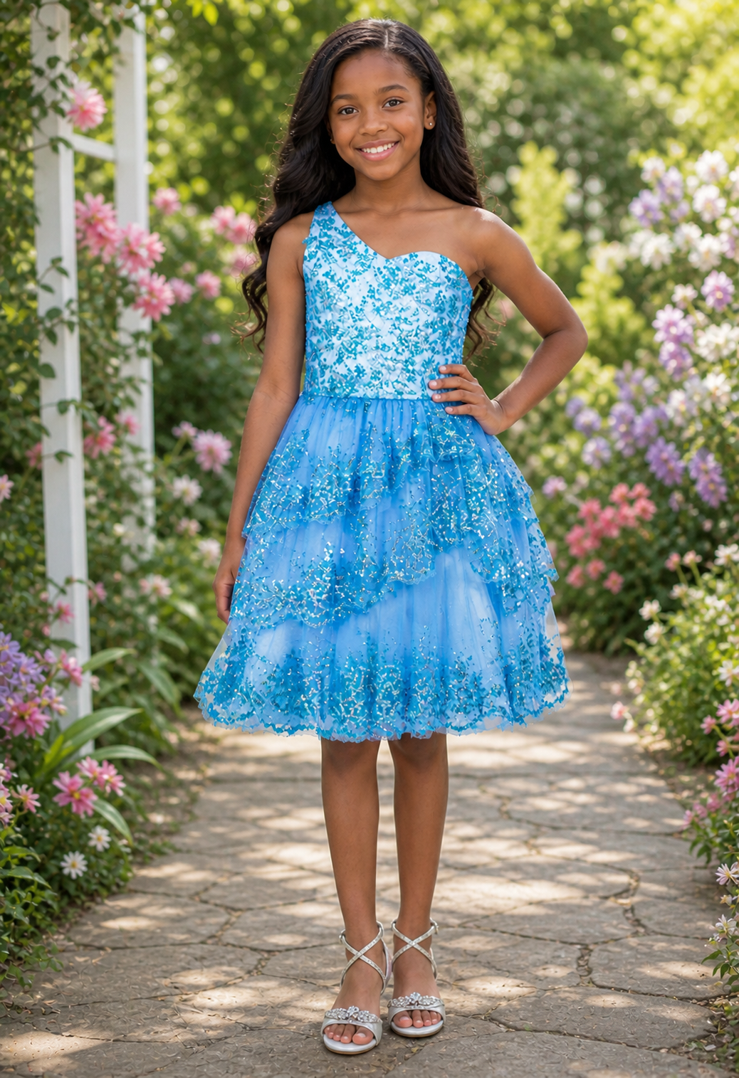 STYLE #5132 Lace One-Shoulder Tiered Skirt Cocktail Dress
