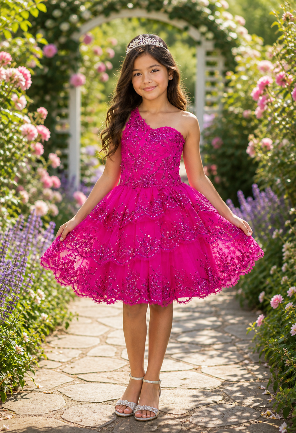 STYLE #5132 Lace One-Shoulder Tiered Skirt Cocktail Dress