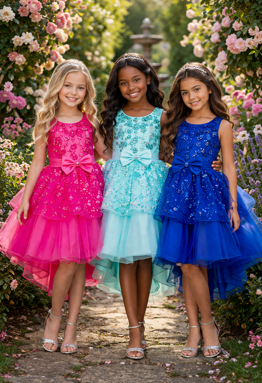 style 9131 Elegant sleeveless sequin top, ribbon waistline and layered skirt/Fuschia