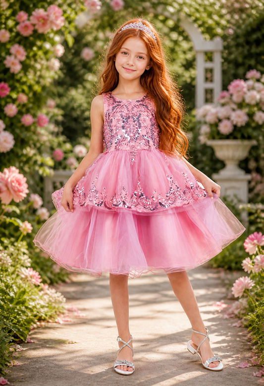 STYLE NO : 9132 Elegant sleeveless sequin lace dress decorated with sequin flowers/Dusty Rose