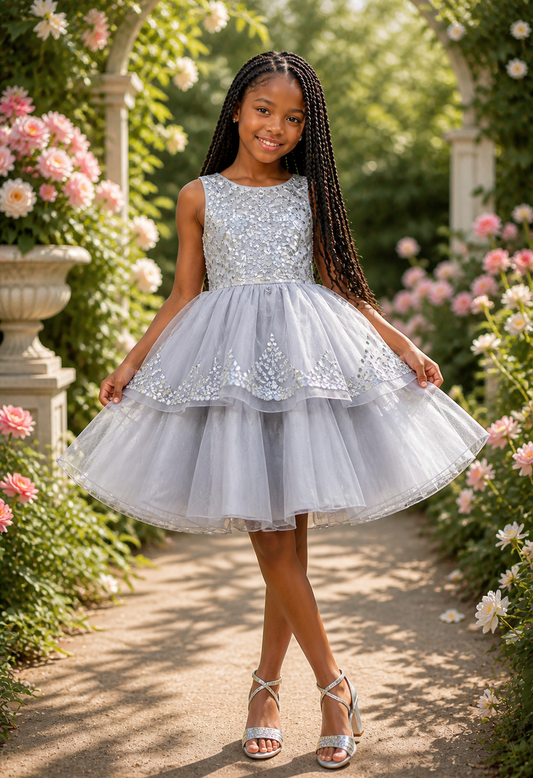 STYLE NO : 9132 Elegant sleeveless sequin lace dress decorated with sequin flowers/Silver