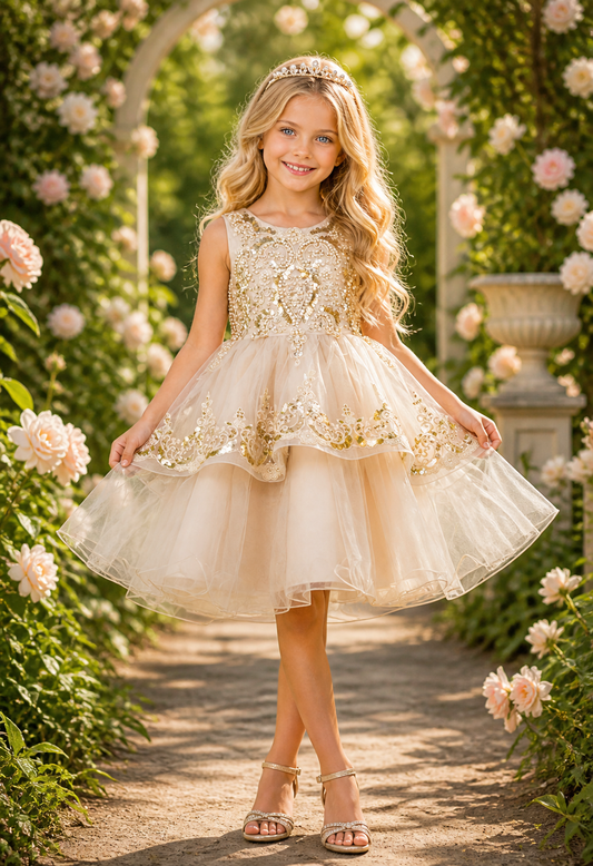 STYLE NO : 9132 Elegant sleeveless sequin lace dress decorated with sequin flowers.