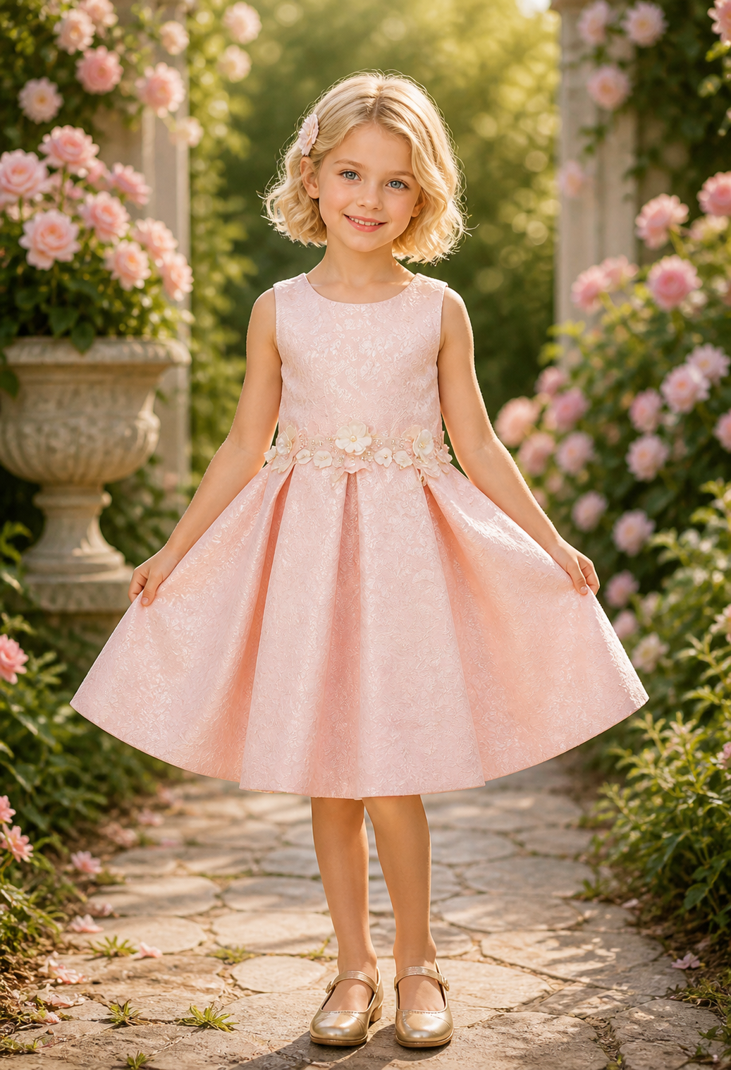 STYLE NO : 9167 Luxora Brocade Elegance Dress – Floral 3D Pearl Belt Edition ✨