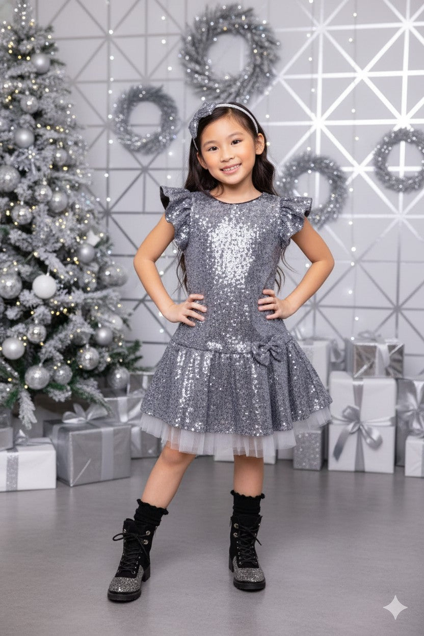 Sequin Ruffle Sleeve Tutu Dress/Silver