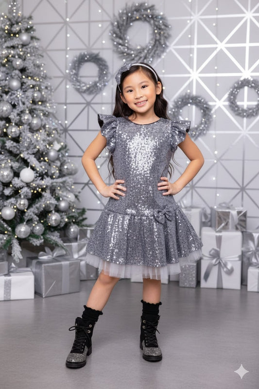 Sequin Ruffle Sleeve Tutu Dress/Silver