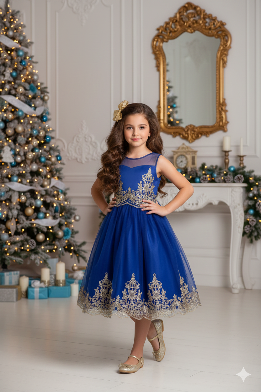 552 Embellished Gold Cording Embroidered Girls  Blue