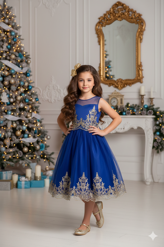 552 Embellished Gold Cording Embroidered Girls  Blue