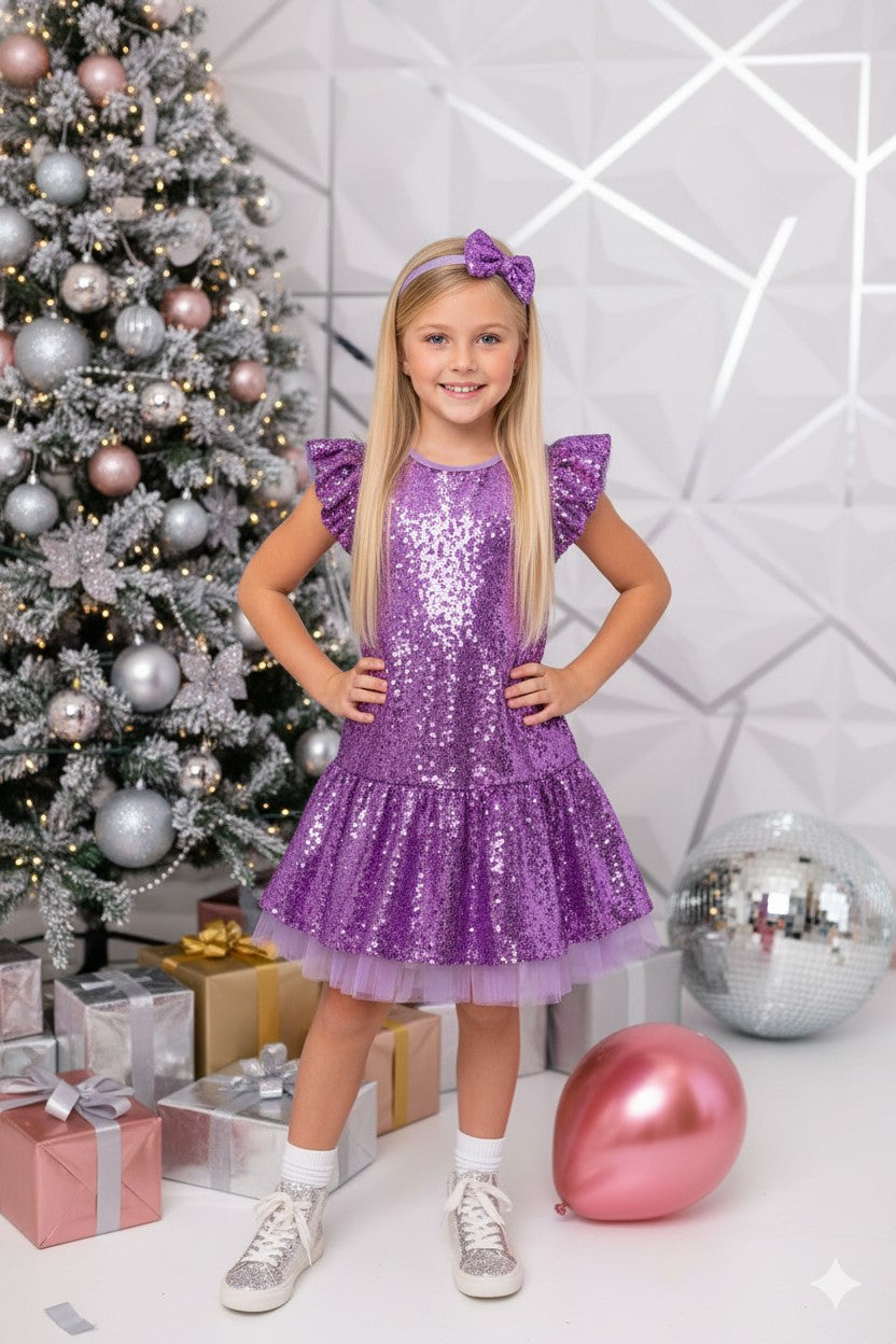 Sequin Ruffle Sleeve Tutu Dress/Blush Pink