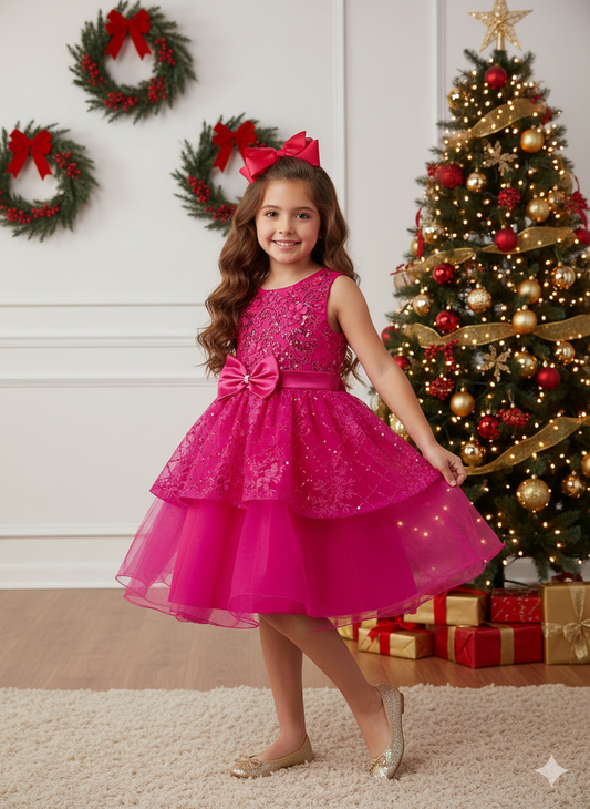 Elegant sleeveless sequin top, ribbon waistline and layered skirt/Fuschia style 9131